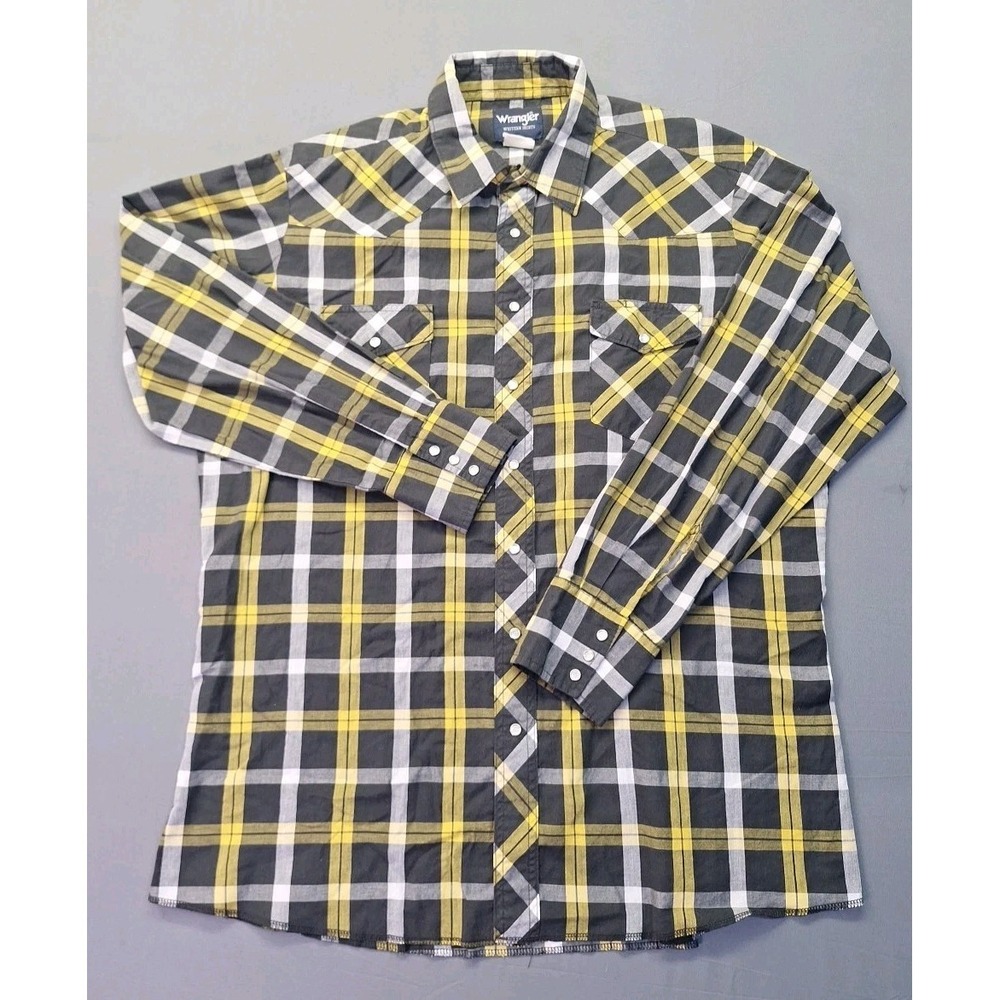 Vintage Wrangler Western Shirt XLT Black Yellow Plaid Pearl Snap Cowboy Rodeo - Picture 2 of 9